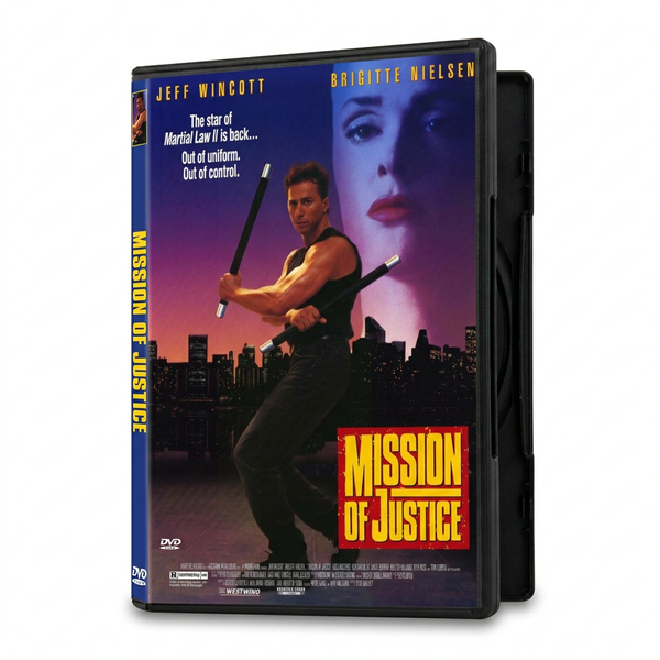A Mission of Justice DVD (1992) case featuring a man holding two batons against a city skyline with a woman’s face superimposed in the background.
