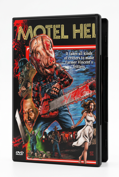 DVD cover for Motel Hell (1980) featuring a person in a pig mask holding a chainsaw above the tagline It takes all kinds of critters to make Farmer Vincents fritters and a motel scene with various characters.