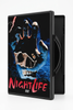 The Night Life DVD (1989) case features a hand reaching out of the ground with a skull embedded in the palm, set against a backdrop of lightning with the title in red lettering at the bottom.