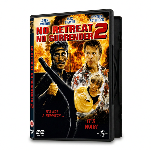 DVD case for No Retreat No Surrender 2 featuring Loren Avedon and two other martial artists in front of an explosion.