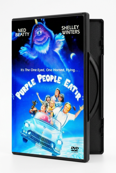 DVD case for the Purple People Eater DVD (1988), showing a one-eyed, one-horned creature flying above a group of people including Neil Patrick Harris in a convertible car.