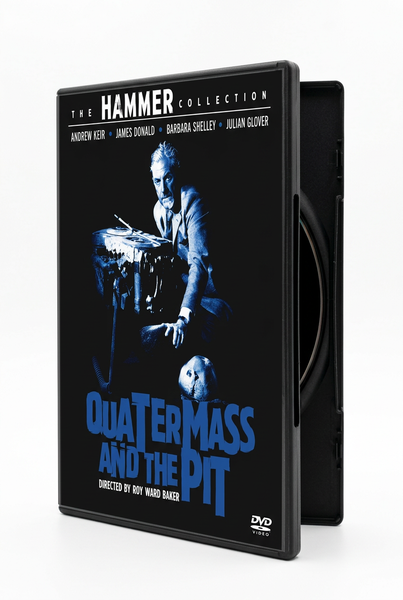 DVD case for the sci-fi movie Quatermass and the Pit, featuring a man leaning over a mysterious object with the film title in large blue text below.