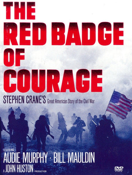 The Red Badge of Courage DVD features a cover with soldiers carrying an American flag, bold red and yellow title text, and actor credits at the bottom.