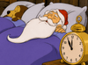 A cartoon Santa Claus and a dog sleep in bed under blue blankets, with an old-fashioned gold alarm clock beside them showing midnight—a scene reminiscent of the warmth and whimsy found in “Raggedy Ann and Andy in The Great Santa Claus Caper” (1978) DVD, evoking classic holiday tales.