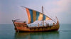 A vintage-style wooden sailing ship with a striped sail glides on calm water under a clear sky, evoking classic adventure scenes—much like those found in the "Sinbad of the 7 Seas (1989) DVD.