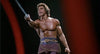 A muscular man in a purple belted skirt stands fiercely holding a sword, reminiscent of an '80s fantasy epic. The dark background with red shapes evokes the adventure seen in "Sinbad of the 7 Seas (1989) DVD.