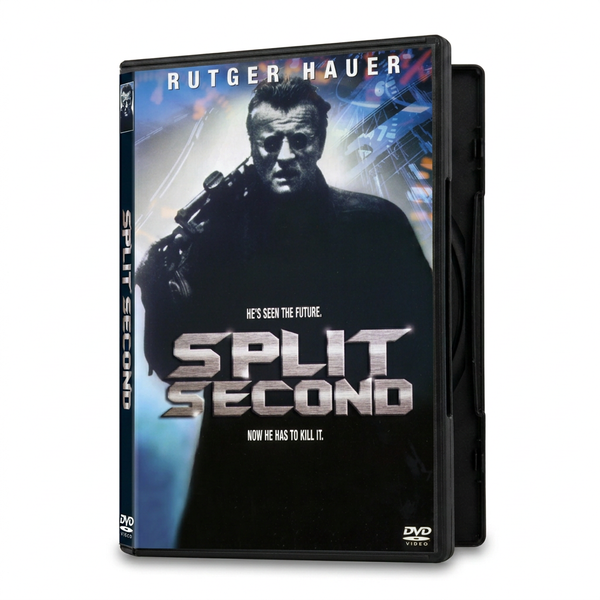 DVD case for the sci-fi action thriller Split Second (1992), featuring Rutger Hauer holding a weapon with the tagline: He’s seen the future. Now he has to kill it.