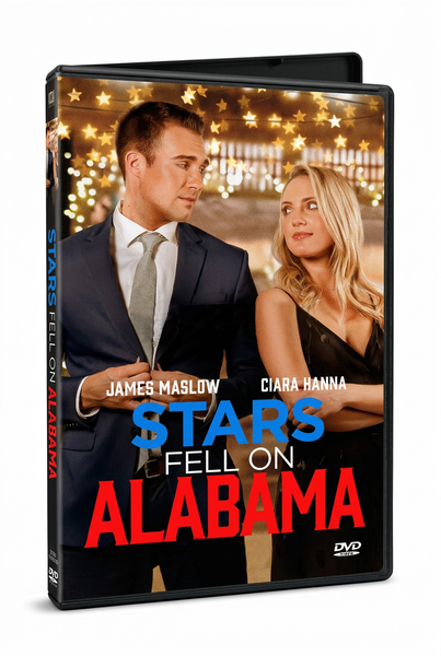 DVD cover art for Stars Fell on Alabama (2021) featuring James Maslow and Ciara Hanna as a couple gazing at each other beneath string lights.