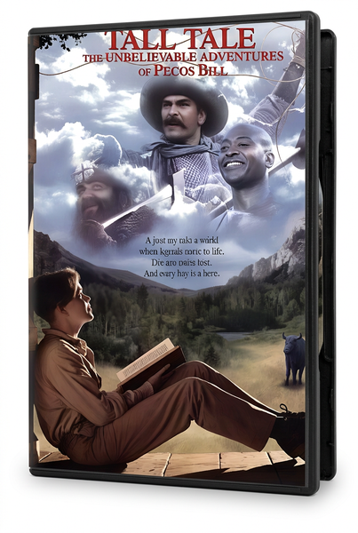On the cover of the Tall Tale (1995) DVD, a boy sits on a porch reading a book, while ghostly figures of two men appear in the sky above him and a bull stands in a distant field.