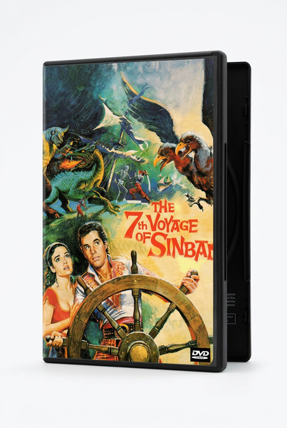 The 7th Voyage of Sinbad DVD (1958) case features a vintage poster illustration of a man and woman at a ship’s wheel surrounded by a multi-headed dragon, a giant bird, and skeletons.
