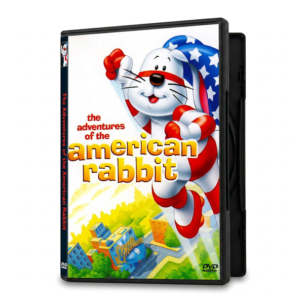 A DVD case for The Adventures Of The American Rabbit (1986) featuring a cartoon rabbit wearing a red, white, and blue flag cape flying over a city.