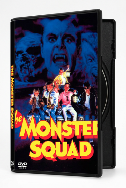 DVD cover art for The Monster Squad (1987) featuring a group of five children sitting on a car, with the giant, ominous face of Dracula looming in the blue background above them.
