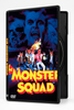 DVD cover art for The Monster Squad (1987) featuring a group of five children sitting on a car, with the giant, ominous face of Dracula looming in the blue background above them.