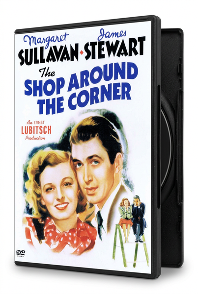 DVD case for The Shop Around the Corner (1940) featuring illustrated portraits of Margaret Sullavan and James Stewart, with a smaller image of them on a ladder.