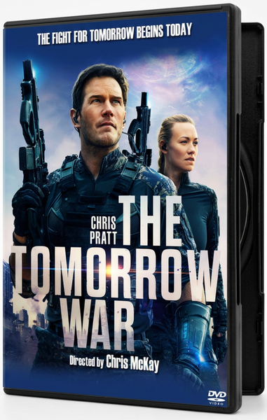 DVD case for The Tomorrow War (2021) DVD, featuring Chris Pratt and Yvonne Strahovski in tactical gear against a sci-fi battlefield background.