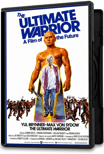 DVD case for The Ultimate Warrior (1975) featuring poster art of a muscular man standing behind an older man holding a knife, surrounded by a group of people, with film credits at the bottom.