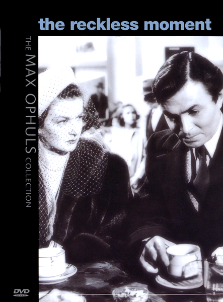 Black and white image of a woman in a hat and veil sitting at a table with a man; both appear serious. The text reads “The Reckless Moment” and “THE MAX OPHULS COLLECTION,” highlighting the 1949 classic on The Reckless Moment DVD (1949). The DVD logo appears in the lower left corner—an essential addition for fans of classic movies on DVD.