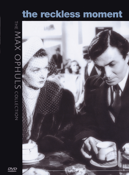 A black-and-white DVD cover for The Reckless Moment DVD (1949) features a woman wearing a hat and veil seated next to a man in a suit at a table set with coffee cups. Marked as part of the Max Ophuls Collection, this film noir is an essential addition for classic movie enthusiasts on DVD.