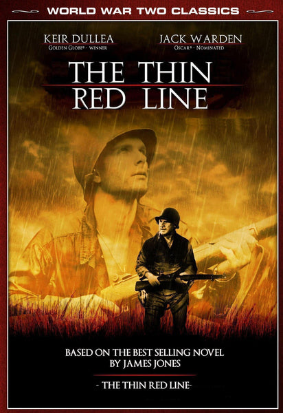 Movie poster for The Thin Red Line DVD (1964), a classic Guadalcanal World War II film, features a soldier with a helmet in the background and another sitting in the foreground. Text includes actors’ names, the film’s title, and “Based on the best selling novel by James Jones.” This is one of those rare, hard-to-find movies and makes an essential addition to any classic war DVD collection.