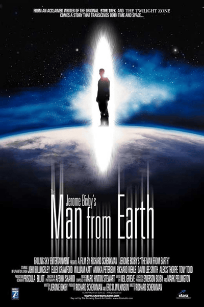 A man stands on the edge of a glowing planet with bright light behind him. The text reads "The Man from Earth (2007) DVD." Perfect for collectors seeking rare sci-fi movies, set against a starry outer space scene with film credits below.