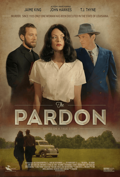 The Pardon (2013) DVD poster features a woman in white at the center, accompanied by two men—one in a priest’s collar and one in a blue suit—while below, a couple approaches a vintage car. Ideal for true crime DVD collectors.