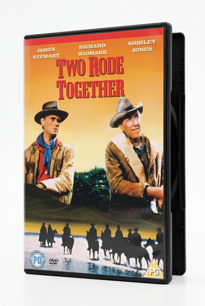 Two Rode Together DVD (1961) case featuring a James Stewart western film poster with two men in hats in the foreground and a silhouette of riders on horseback below.