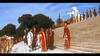 A group in Roman robes and armor stands before stone steps, with more figures and a white horse statue behind them—capturing the vintage cinematic style of classic films like Messalina (1960) DVD under a bright blue sky.