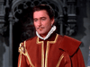 A man in a red and gold Renaissance outfit with a white ruffled collar stands indoors, evoking a scene from "The Adventures of Don Juan (1948)" DVD. Ornate, dark arched stonework forms the background.