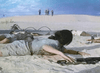 A tense scene from the nuclear thriller Warhead (1977)—a person reaching for a rifle amid bodies, with four figures on a dune—is now available as a rare classic Warhead (1977) DVD.