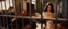 In a warmly lit jail cell, a woman in a yellow dress sews at a Singer machine, evoking Toni Jo Henry’s story from "The Pardon (2013) DVD," while a suited man reads nearby; bars are visible in the foreground.