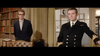 Two men stand in a room: one in glasses and a suit by a bookcase, the other in a dark naval officer uniform with gold buttons, evoking scenes from rare films like When Eight Bells Toll (1971) DVD.