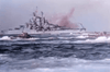 A battleship fires its guns amid smoke as small landing craft cross choppy waves in the foreground—a gripping scene from the Flat Top (1952) DVD, perfect for classic war movie fans.