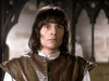A person with medium-length brown hair wears a medieval-inspired brown leather vest over a white shirt, standing indoors framed by arched stone architecture—evoking scenes from an Arthurian legend film such as the “Sir Gawain and the Green Knight (2021) DVD,” prized by collectors of rare classic movies on DVD.