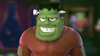 A cartoonish, green-skinned Frankenstein’s monster beams a wide smile, revealing large teeth. He has bolts in his head, short black hair, and dons a red stitched shirt—all set against a blurred backdrop of green and purple hues. This captures the quirky charm of “Frankenstein Ruins Halloween (2021)” on DVD, an animated horror-comedy perfect for family movie night during the Halloween season.