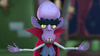 A quirky cartoon vampire with purple skin, pointed ears, fangs, a large bald head, yellow eyes, bushy black eyebrows, and a red cape stands with arms open against a blurred indoor background—perfect for fans of animated horror-comedy or as the standout character from “Frankenstein Ruins Halloween (2021)” DVD.