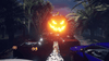 Four sports cars race toward a towering, glowing jack-o-lantern with a menacing grin, palms silhouetted against a spooky night sky—a scene reminiscent of Frankenstein Ruins Halloween (2021) DVD, perfect for fans of animated horror-comedy or anyone seeking the ultimate family Halloween movie setting.