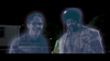 Two glowing, ghost-like men stand outside at night—one wearing glasses and a checkered shirt, the other with an afro and a leather jacket. With a car and trees looming in the background, this eerie scene sets the tone for “The Frighteners (1996) DVD,” a horror-comedy that collectors of rare movies on DVD will cherish.