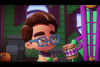 An animated child with brown hair, blue glasses, and large eyebrows holds a toy mallet while standing before a colorful carnival game. Pumpkins and a green house can be seen in the background, embodying the playful Halloween spirit featured in the Super Monsters Save Halloween (2018) DVD.
