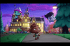 Three animated monster kids—a werewolf, witch, and vampire—smile and float near a large, glowing mansion at sunset, surrounded by colorful trees and a vivid purple sky. This lively scene captures the playful spirit of the film Super Monsters Save Halloween (2018) DVD; it’s a perfect addition to your Halloween movie collection.