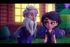 An animated older man with white hair and a beard stands beside a young girl with short dark hair outside at dusk, in front of a warmly lit building. Both are smiling gently—capturing the heartwarming vibe of a kids movie like *Super Monsters Save Halloween (2018) DVD*.