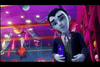 An animated vampire character inspired by Super Monsters stands in a colorful room decorated with paper lanterns, stars, and spiderwebs, holding a purple phone and wearing a red-lined cape. With a white face and slicked-back black hair, this lively scene looks like it could be straight from the Super Monsters Save Halloween (2018) DVD.