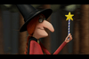 A cheerful witch with a long nose, red braided hair, and a black hat holds a striped wand topped with a yellow star. Dressed in her signature red dress and cape, she smiles against a blurred forest background—making this *Room on the Broom (2012) DVD* an enchanting choice for fans of classic movies or anyone looking for their next magical Halloween film.