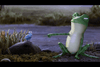 A green frog sits on the ground, pointing suspiciously at a small blue insect perched on a rock, with grass and water in the background—like a scene straight from the “Room on the Broom (2012) DVD.”.