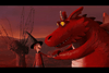 A cartoon witch and a large, friendly red dragon hold hands, both looking expressive against a reddish dusk sky with bare trees in the background—capturing the magical atmosphere of the “Room on the Broom (2012) DVD.”.