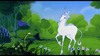 A graceful white unicorn, inspired by The Last Unicorn (1982) DVD animated fantasy movie, stands in a vibrant green forest filled with wildflowers, ferns, and a large purple butterfly. The scene is bright, colorful, and whimsical—evoking the enchanting magic of this rare classic film.