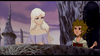 A pale woman with long white hair in a lavender dress stands beside a young person with curly brown hair on a castle balcony, set against a rocky, purple sky that captures the dreamy ambiance of an animated fantasy—just like in “The Last Unicorn (1982)” DVD.