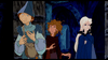 Three animated characters stand indoors: a tall man in a pointed blue hat and tunic, a brown-haired person in a brown cloak, and a pale woman with long white hair and a blue cloak, all looking in different directions—reminiscent of the enchanting style found in rare classic movies like the beloved The Last Unicorn (1982) DVD.
