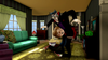 A cartoon vampire sneaks up behind a person holding popcorn in a cozy, sunlit living room with green furniture and striped wallpaper, capturing the playful suspense of a classic Halloween movie night—perfect for enjoying rare finds like the Dear Dracula (2012) DVD.