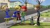 Four animated children gather by a sidewalk and a small gravestone, capturing the nostalgic feel of a classic Halloween scene. Two girls share a secret, while another girl in green appears startled, and a boy in a dark shirt stands close. With houses and bare trees setting the backdrop, the atmosphere recalls beloved releases like Dear Dracula (2012) DVD.