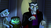 Three animated characters stand indoors: a vampire with pale skin, pointy ears, red eyes, and a black suit; a greenish child in a yellow sweater; and a third character with bandages and gray skin. Perfect for fans of classic monsters, this scene from the Dear Dracula (2012) DVD captures the quirky charm that makes Halloween stories so beloved.